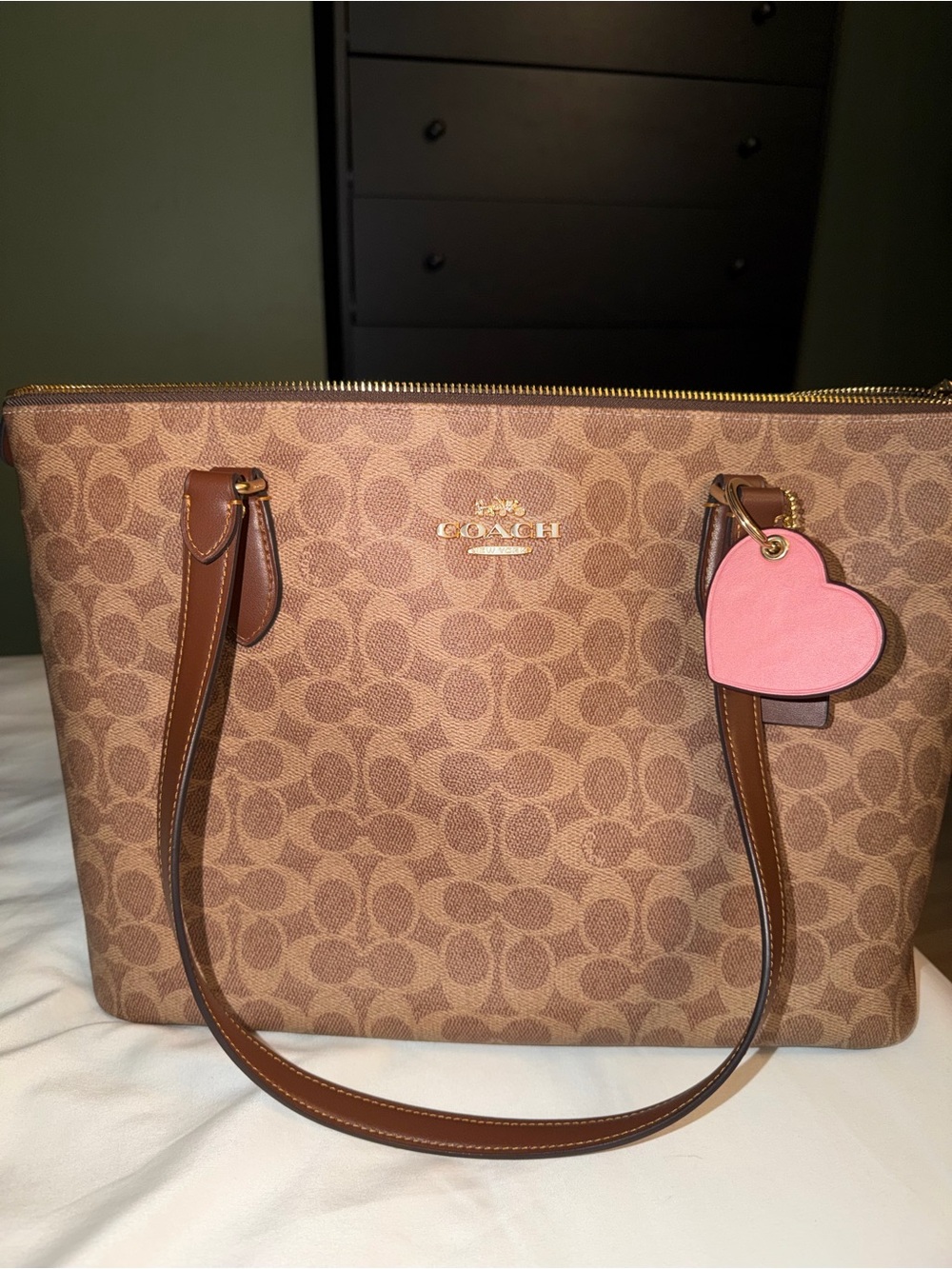 Coach City Tote Bag in Signature Canvas with Heart Bag Charm